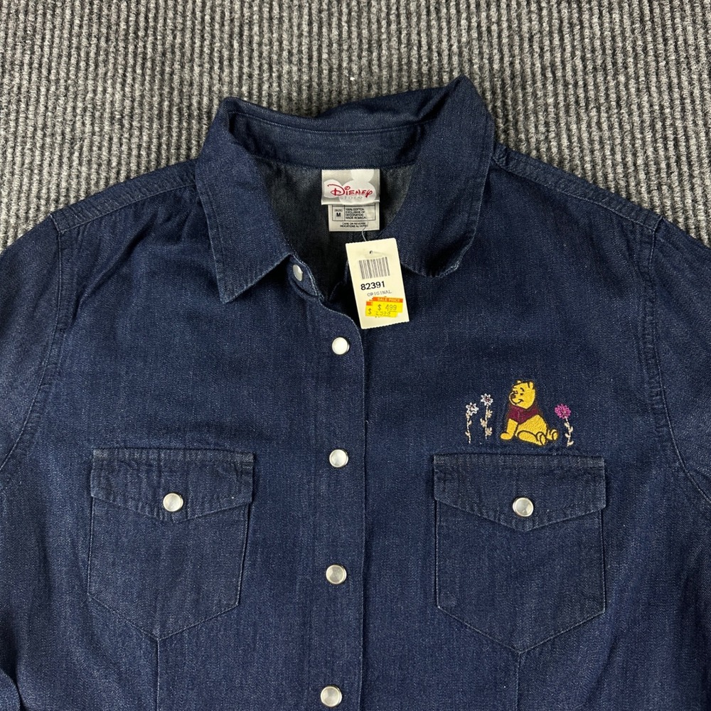Disney Store Winnie the Pooh Denim Shirt Dress Blue Embroidered NWT Vintage MED - Picture 2 of 7